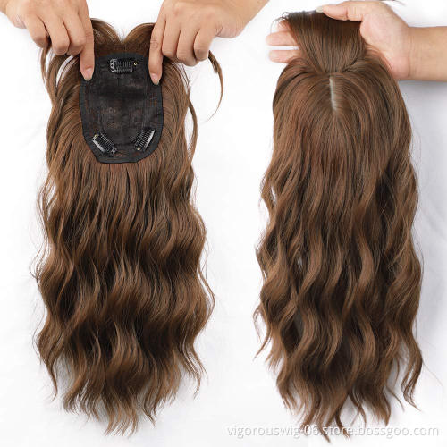 Women Clip In Extensions 4x5inch Topper Hairpiece Invisible Replacement Seamless Synthetic Hair Water Ripple Hair with Air Bangs